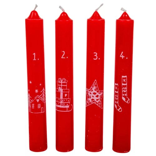 Karácsonyi mintás adventi gyertya – piros, 16 cm, 4 db/csomag